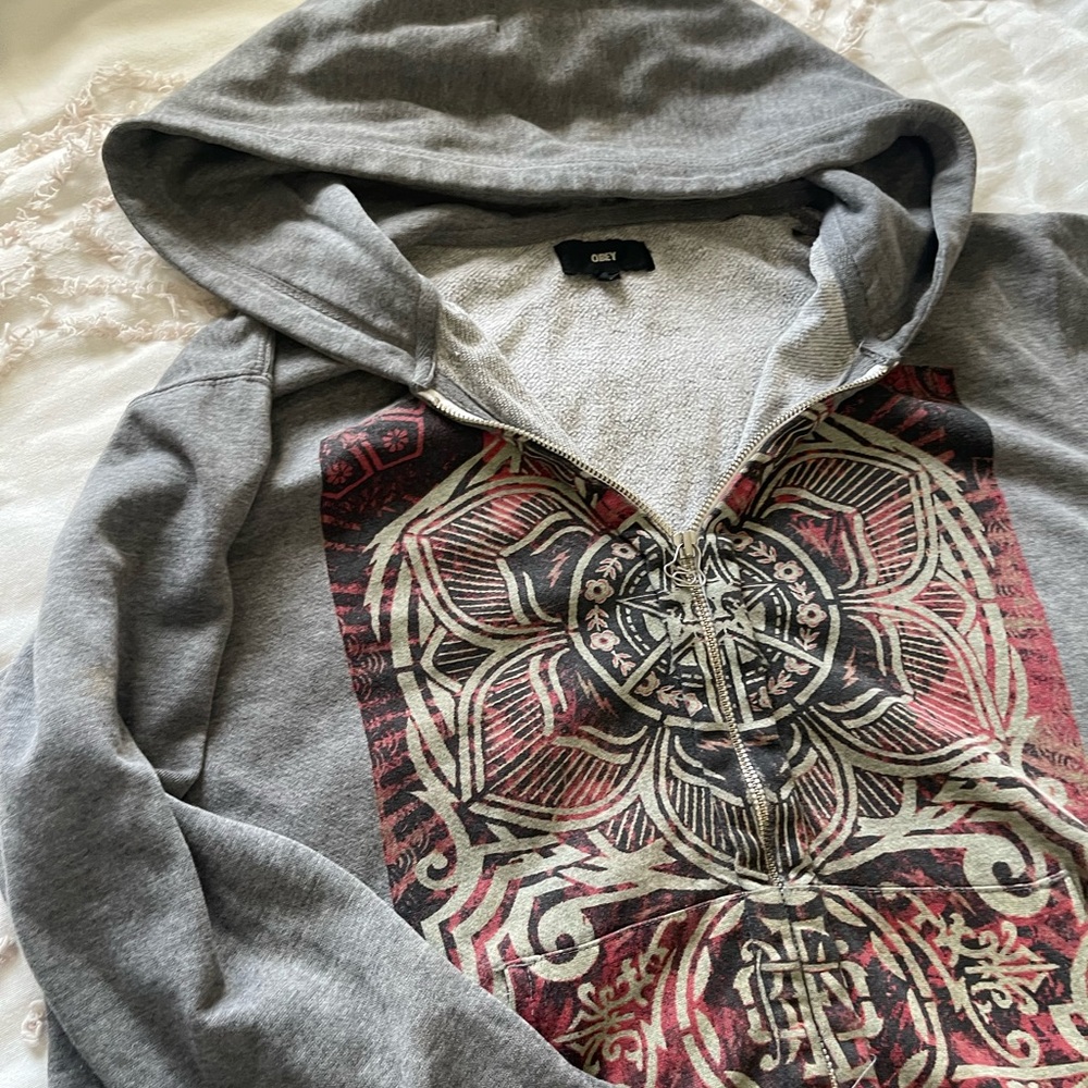Obey Gray Zip-Up Hoodie with Red and Cream Graphic size woman’s large